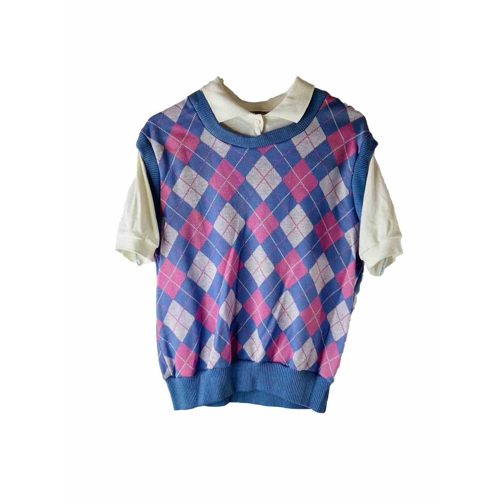 80s Womens Large Diamond Argyle Knit Polo Rugby Shirt Preppy