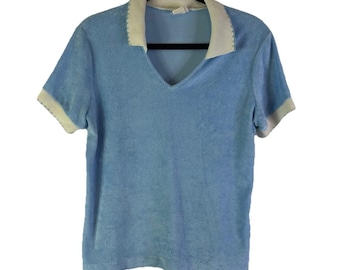 70s Womens Medium Terry Cloth Contrast Collar Shirt USA Preppy Tennis, Womens Terry Cloth Shirt, Vintage Terry Cloth Polo, 1970s Shirt