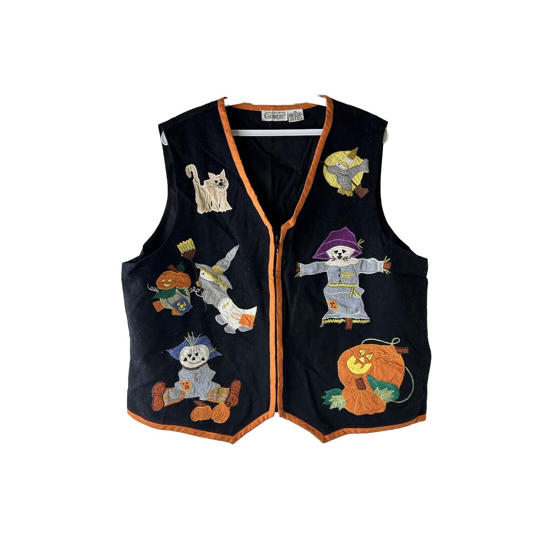 90s Womens XL Halloween Witch Pumpkin Cat Zip Vest Vintage Etsy