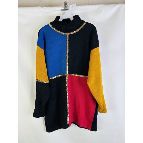 80s Womens Medium Patchwork Color Block Knit Bagg… - image 3