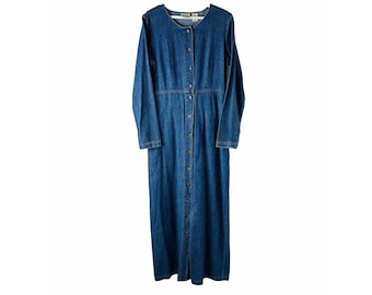 llbean denim dress LL Bean Traveler VTG 90s Blue Denim Button Front Sleeveless Dress Size 12  Petite