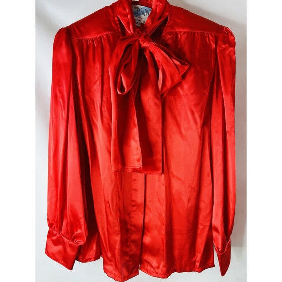 NOS 80s Womens Large Satin Pussybow Puff Sleeve B… - image 4