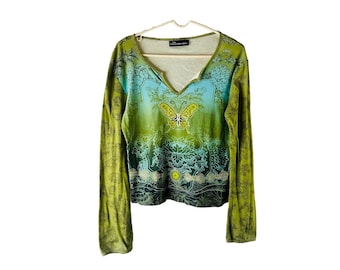 Y2K Damen Medium Schmetterling Print Langarm Shirt Fairy Skater, Y2K Damen Shirt, Vintage Butteryfly T Shirt, Fairy Blouse