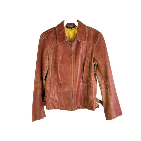 Y2K DKNY Womens 10 Leather Distressed Faded Zip Jacket Moto