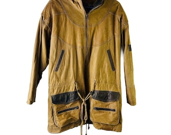 Jaren 80 heren grote leren kleurblok baggy cargo pocket parka jas streetwear, heren leren jas, vintage leren parka, streetwear jas