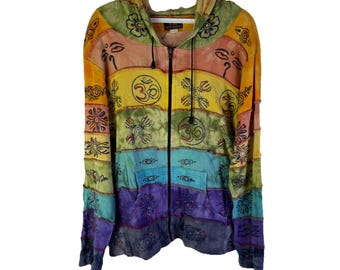 Sudadera con capucha estilo streetwear rave arcoíris patchwork talla M, Sudadera patchwork para mujer, Chaqueta arcoíris vintage, Streetwear