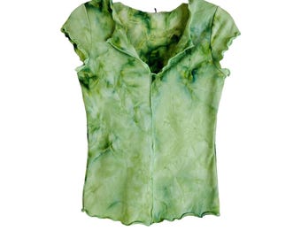 Y2K Womens Small Green Tie Dye Frilly Blouse Shirt Fairy Earthy, Womens Tie Dye Shirt, Y2K Fairy Blouse, Earthy Shirt