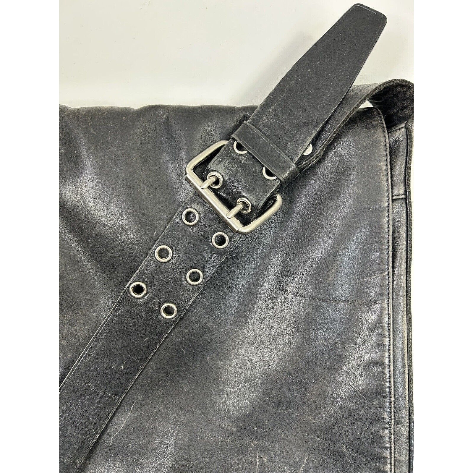 Y2K Punk Goth Black Genuine Leather Distressed Crossbody Messenger 
