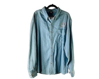 90s Womens 2XL Kitty Cat Embroidered Faded Denim Jean Pocket Button Shirt, Womens Denim Button Shirt, Vintage Cat Shirt, 90s Blouse