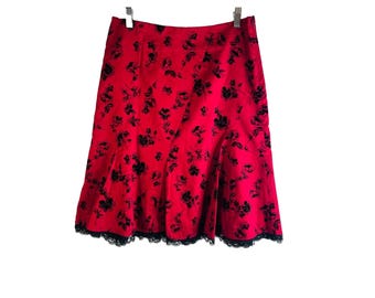 Saia floral de veludo queimado com acabamento em renda dos anos 90 para mulheres, saia floral vermelha, gótica, saia floral feminina, saia vintage, saia de veludo queimado