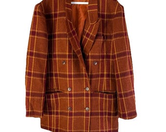 Blazer oversize cruzado de punto de lana y seda estilo grunge de los 90, blazer de punto de seda para mujer, blazer vintage de lana a cuadros, blazer oversize