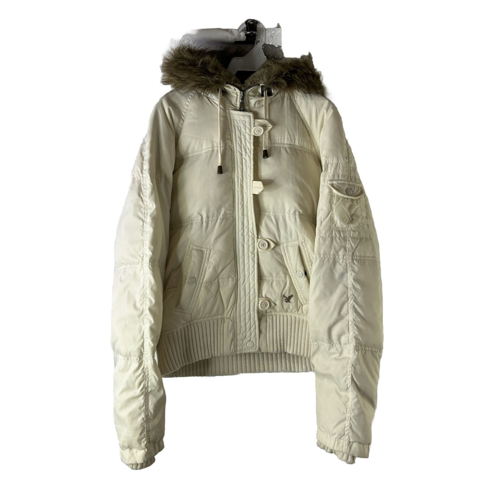 Y2K American Eagle Womens L Down Fill Cropped Faux Fur Hooded