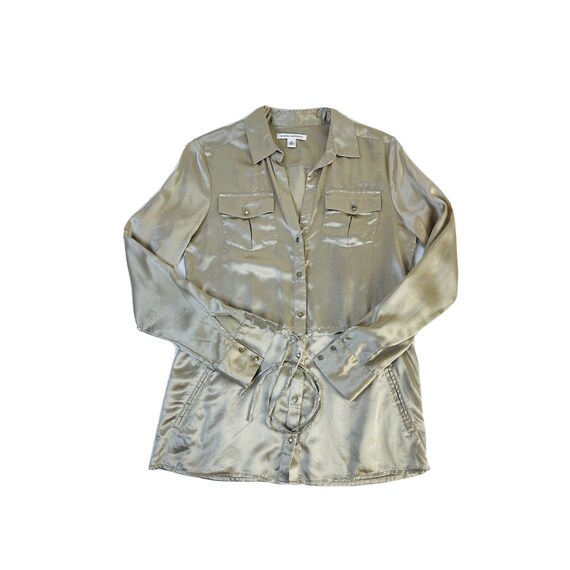 90s Womens XS Silk Satin Gauzy Military Button Shirt Beige, Womens Satin Silk Button Shirt, Vintage Military Shirt, Minimalist Shirt