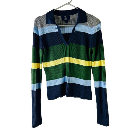Y2K Womens Large Striped Lightweight Knit Collared Cropped Sweater Hip Hop, Womens Knit Sweater, Vintage Cropped Sweater, Striped Sweater