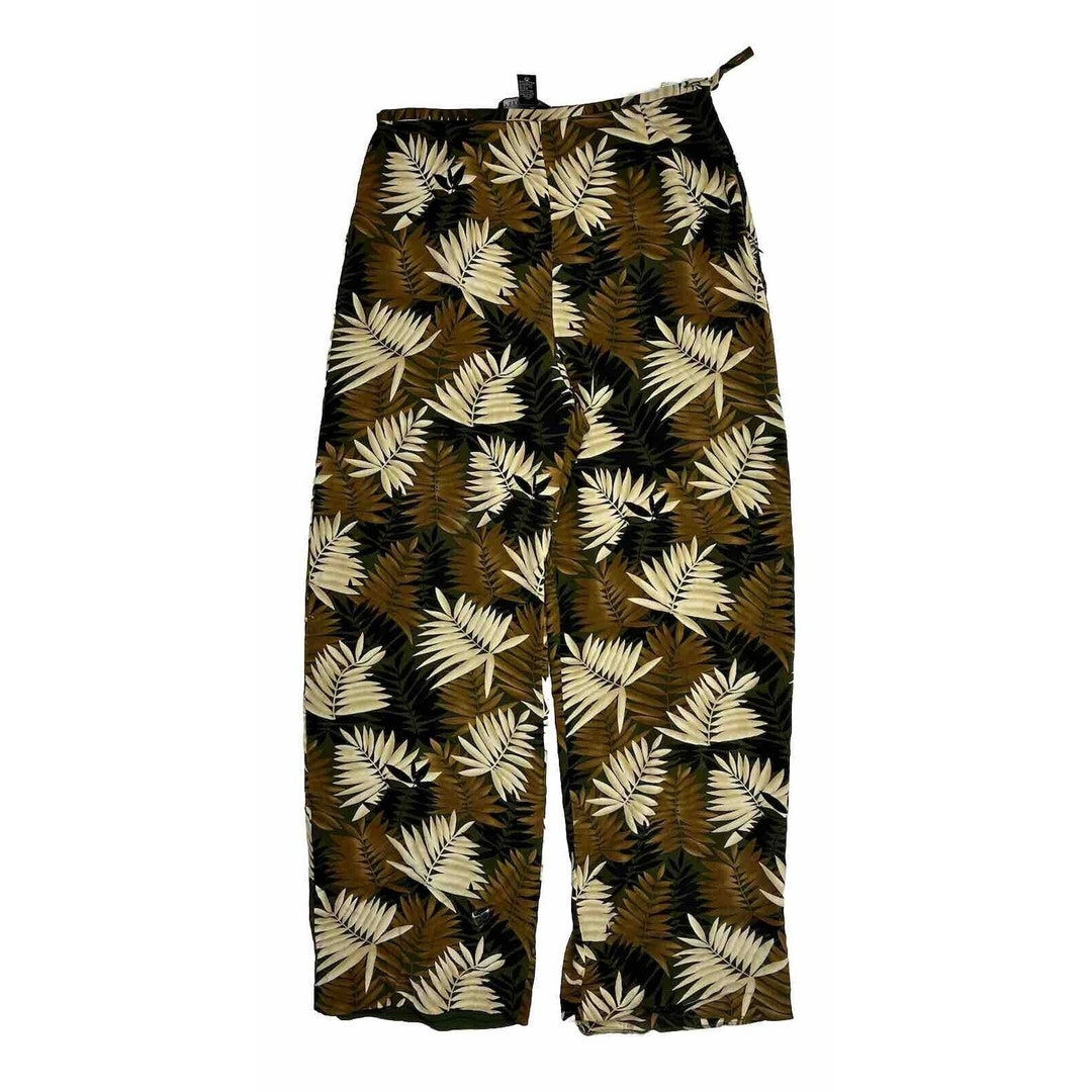 90s Womens 10 Gauzy Silk Tropical Leaves Print Wide Leg Baggy Pants