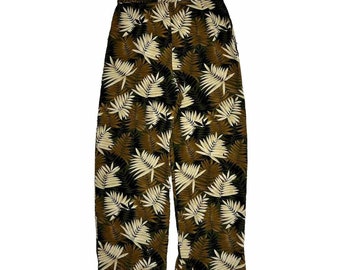 90er Jahre Damen 10 Gauzy Seide Tropische Blätter Drucken Weites Bein Baggy Hose, Damen Seidenhose, Vintage Hose mit weitem Bein, Damen Strandhose