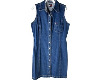 Y2K Tommy Hilfiger Womens 10 Denim Jean Snap Button Front Shirt Dress, Tommy Hilfiger Dress, Vintage Denim Dress, Womens Shirt Dress