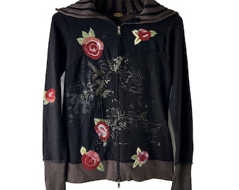 Jaqueta feminina Y2K pequena Crewel floral costurada com zíper completo, moletom feminino floral com zíper completo, jaqueta feminina Y2K,
