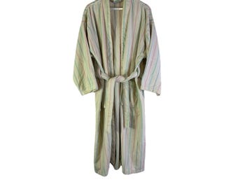 May include: A full-length, striped robe in pastel colors of green, pink, and blue. The robe has a matching belt and two front pockets. It is hanging on a white background.