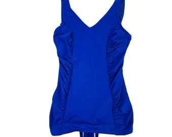 Jaren '80 Womens 12 Ruched Romper One Piece Badpak Badpak Blauw, Vintage Romper Badpak, Pin-Up One Piece Badpak, jaren 1980 Badpak