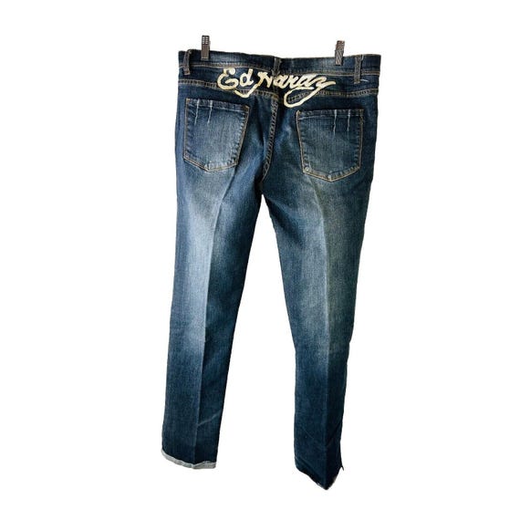Y2K Ed Hardy Spell Out Skull Rose Embellished Cuffed Jeans Mens 32