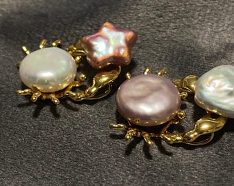 天上の蟹パールペンダント – ゴールド蟹バロックパールネックレス、海