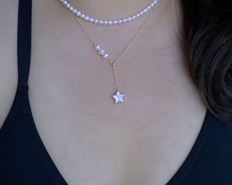 Handmade Minimalist Adjustable Freshwater Baroque Pearl Star Slice Length Necklace,christmas gift,gift for her