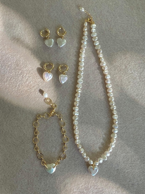 Dainty Pearl Heart Earrings on 14k Gold Studs-pearl Heart