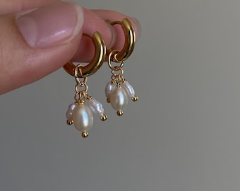 Handmade Triple Pearl 3-in-1 Hoop Earrings | Removable Freshwater Pearl Charm | Dainty Gold Hoops | Versatile Pearl Drop Earrings
