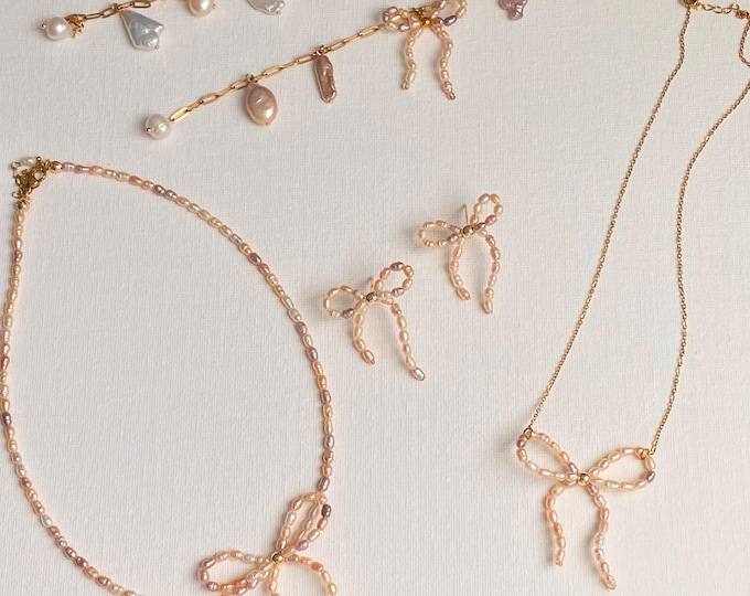 Pearl Ribbon Bow Necklace & Earring Set | Mixed Color Freshwater Pearls | Elegant Versatile Jewelry | Coquette Aesthetic Gift for her