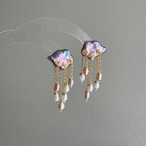 Midnight Deluge Baroque Black Pearl Raincloud Earrings, Iridescent Purple Cloud Dangles, Unique Handcrafted Stormy Jewelry Gift for Her