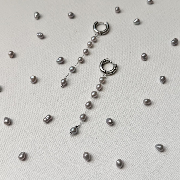 Japanese Grey Akoya Pearl Tassel Earrings, Genuine Silver Blue Pearl Long Dangle, Minimalist Bridal Drop Earrings, Elegant Gift for Her