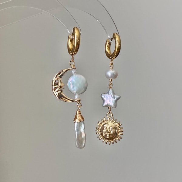 Sun Moon Baroque Pearl Asymmetrical Earrings Freshwater Pearl Earrings Celestial Jewelry Handmade Fairycore Bridesmaid Gift for Her