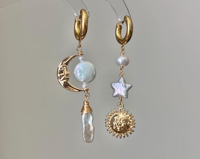 Sun Moon Baroque Pearl Asymmetrical Earrings Freshwater Pearl Earrings Celestial Jewelry Handmade Fairycore Bridesmaid Gift for Her