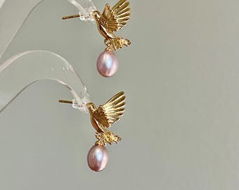 Soaring Bird  Lavender  Pink Pearl Stud Statement Earrings Dainty Everyday Elegance  Romantic Weddings Jewelry Bridesmaid Gift for her