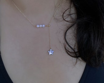 Handmade Minimalist Adjustable Freshwater Baroque Pearl Star Slice Length Necklace,christmas gift,gift for her