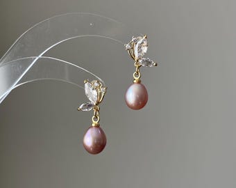 Handmade Dainty Pearl Gold Butterfly Freshwater Pearl Drop Stud Earrings, Bridal Jewelry, Elegant Pearl Earring Gift, Zircon Pearl Earrings