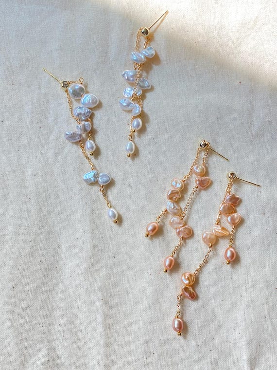 Handmade Baroque Petal Pearl Drop Earrings Adjustable Length Tassel Earrings Inspired by Wisteria Dainty romance Bridesmaid Gift for her