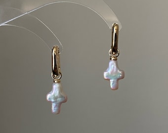 Freshwater pearl cross earrings on 14k gold studs-Pearl cross dangle earrings-Cross Jewelry Set-Cross necklace