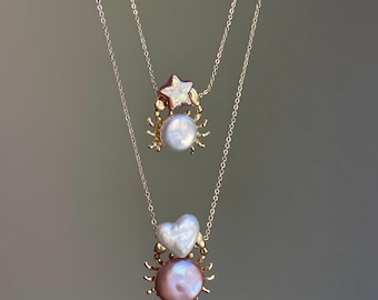 Celestial Crab Pearl Pendant – Gold Crab Baroque Pearl Necklace, Ocean Lover Gift, Cancer Zodiac Jewelry, Handmade unique star Necklace