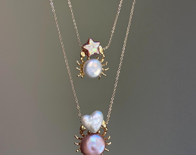 Celestial Crab Pearl Pendant – Gold Crab Baroque Pearl Necklace, Ocean Lover Gift, Cancer Zodiac Jewelry, Handmade unique star Necklace