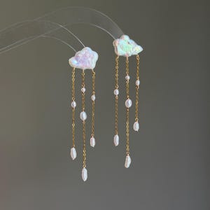 Cloud Raindrop Pearl Earrings, Celestial Rain Chain Dangle, Baroque Keshi Pearl Drop, Long Whimsical Bridal Jewelry Gift Lola earring