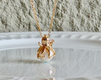 Paul the Octopus Pearl Necklace, Platina Blue Crystal Sea Life Pendant, Shimmering Nautical Jewelry, Mythical Ocean Charm, Gift forHer