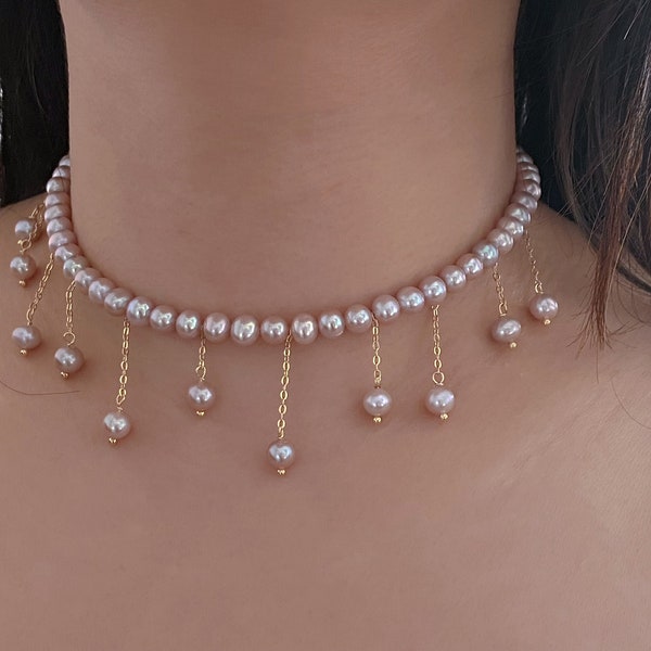 Natural freshwater pearls lavender pink dangle drop choker necklace,handmade necklace,wedding gift,Bridesmaid Gifts，mother‘s day gift