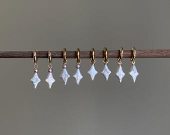 Dainty pearl cross star earrings  14k gold studs-Pearl cross star Minimalism dangle earrings cross star Bridesmaid Gift for her anniversar