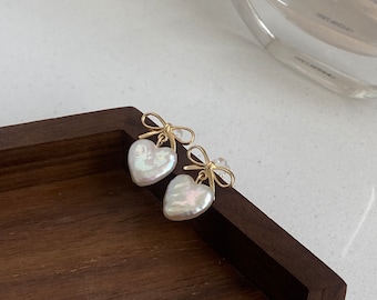 Luxury Made Baroque Pearl Bow Earrings Heart Elegance Minimalist Style Natural Freshwater Pearl Earrings Bowe Dangle Drop Earring