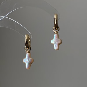 Freshwater pearl cross earrings on 14k gold studs-Pearl cross dangle earrings-Cross Jewelry Set-Cross necklace