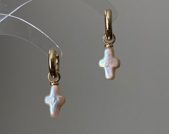 Freshwater pearl cross earrings on 14k gold studs-Pearl cross dangle earrings-Cross Jewelry Set-Cross necklace