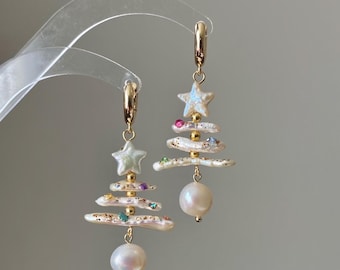 Holiday special natural freshwater baroque star pearl biwa pipa christmas tree dangle earring,gift for her,christmas gift