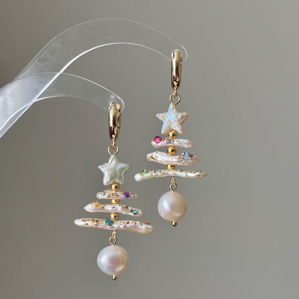 Holiday special natural freshwater baroque star pearl biwa pipa christmas tree dangle earring,gift for her,christmas gift